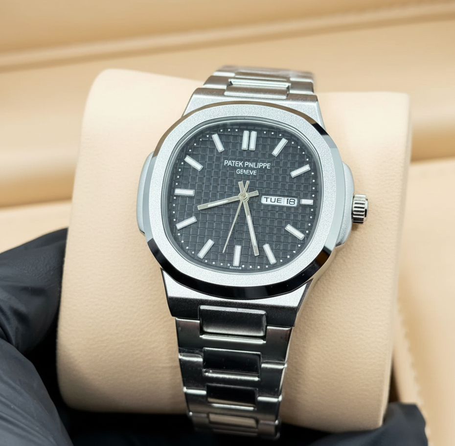 Patek Philippe Silver Steel – Iconic Black Dial Day-Date Watch